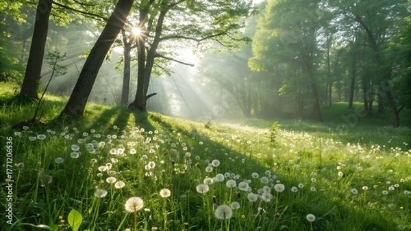 Fototapeta A serene morning in a forest glade, with sunlight streaming through the trees and illuminating a field of dandelions in full bloom, creating a magical scene