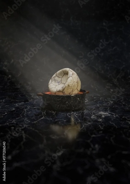 Fototapeta 3d rendered deflated soccer ball in a marble bowl under dramatic lighting illuminated on a dark marble surface