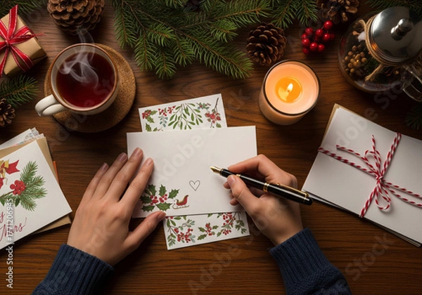 Fototapeta A Cozy Scene of Hands Writing Christmas Cards with a Fountain Pen on a Desk with Festive Decor