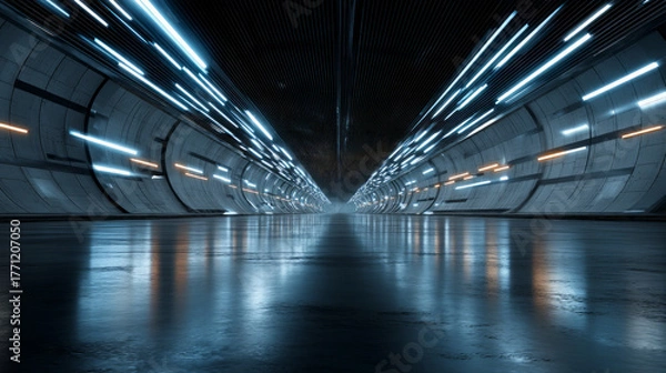 Fototapeta Futuristic tunnel with glowing lights and reflective floor