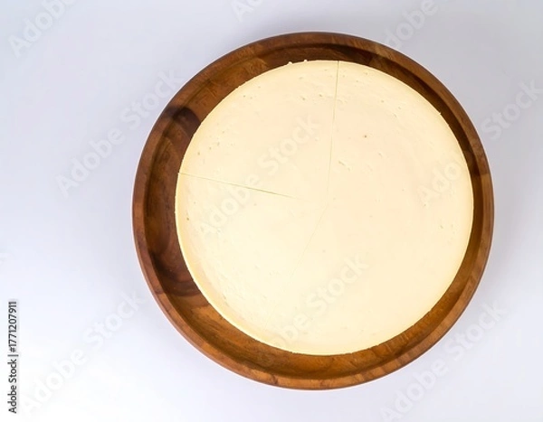 Obraz Overhead shot of a cheesecake on a wooden plate with small slices
