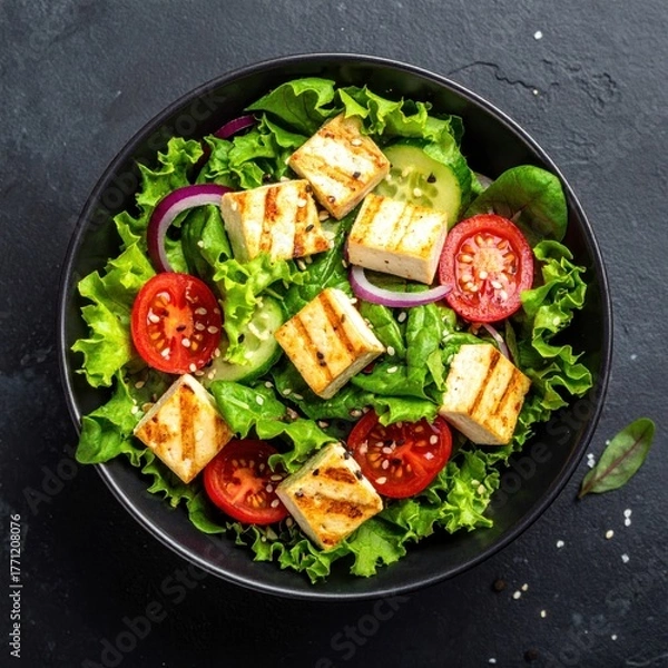 Obraz Overhead shot of a colorful salad with grilled tofu in a black bowl