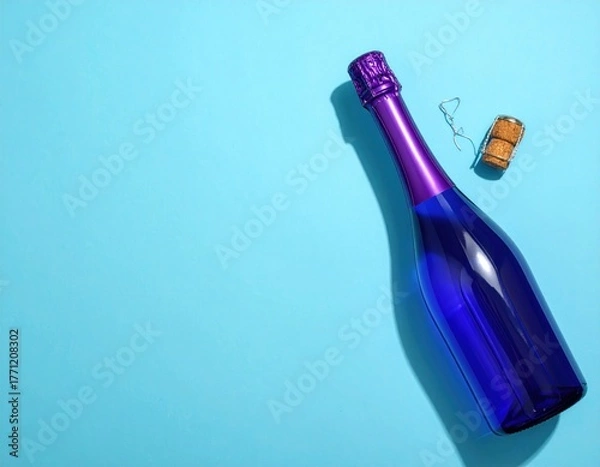 Obraz Overhead shot of a glossy blue bottle with a purple top and cork
