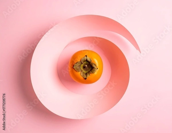 Obraz Overhead shot of a persimmon nestled in a pink spiral on pink