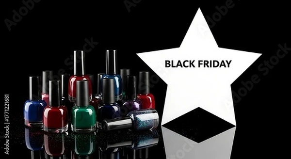 Obraz Black Friday Nail Polish Deals: A vivid collection of colorful nail polishes is stylishly arranged, catching the spotlight of a shopping deal for the ultimate allure