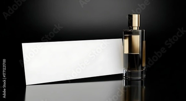 Obraz Elegant Perfume: A sleek, modern perfume bottle, paired with a blank card, exudes sophistication against a dramatic black background, perfect for showcasing your unique message.
