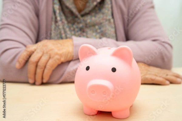 Fototapeta Retired elderly woman counting coins money with piggy bank and worry about monthly expenses and treatment fee payment.