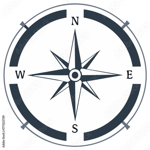 Fototapeta Detailed compass rose illustration in navy blue with directional points, navigation symbol