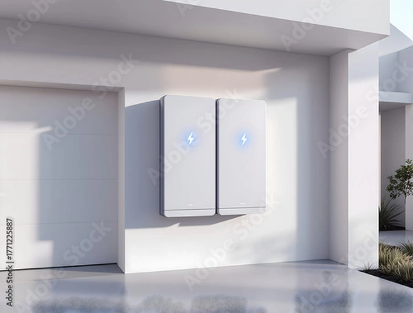 Fototapeta Modern home energy storage system installed outside a sleek contemporary house, showcasing clean energy solutions and sustainable living for a brighter future.