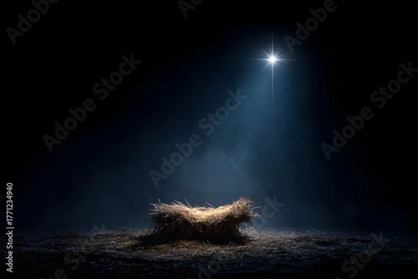Fototapeta A nativity scene featuring an empty manger illuminated by a single bright star above