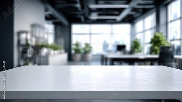 Obraz Beautiful photo of white empty table top surface in front, blurred office background. Blank desk in focus, blurred business room. Close-up for presentation of product.