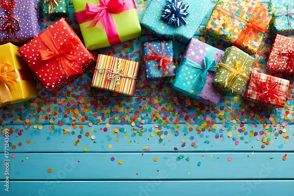 Fototapeta Festive Confetti Celebration: Vibrant Gift Box Design for Birthdays and Anniversaries; Perfect for Social Media Promotions and Invitations on Tablets.