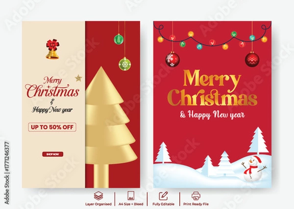 Fototapeta Christmas and Happy New Year Celebration Party A4 Print Poster Flyer Template with Festive Background, Editable Invitation, Modern Design, Holiday Promotion, Sale Offer Brochure Leaflet Layout