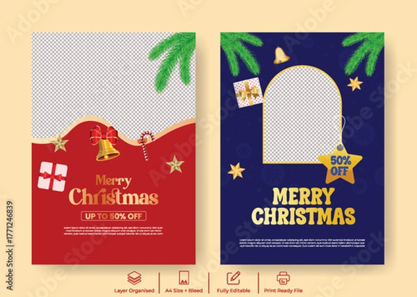 Fototapeta Happy New Year and Merry Christmas Festive Event Party A4 Print Ready Flyer Poster Template Set, Editable Brochure Leaflet Bundle, Modern Illustration Design for Holiday Promotion, Sale and Discount A