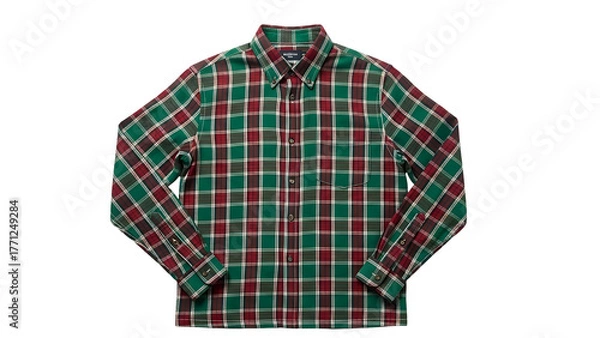 Obraz Long sleeved button down garment displaying a prominent tartan pattern in green and red