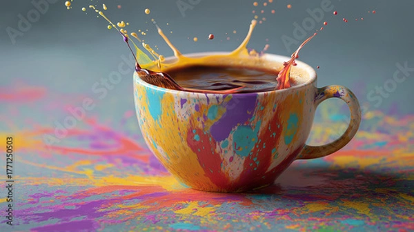Obraz Colorful coffee cup with liquid splashing out and paint splatters on the cup and surface around it