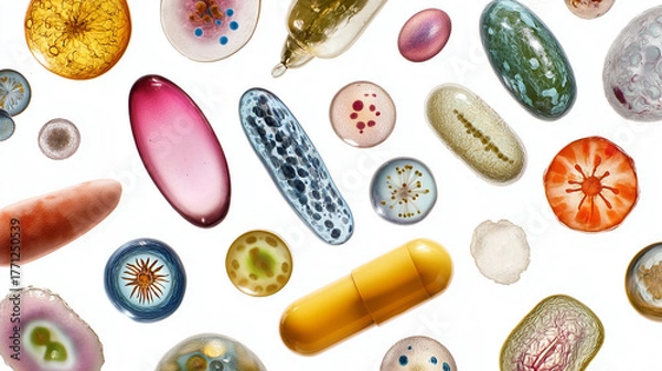 Obraz A collection of various colorful capsules and pills scattered on a white background surface top view