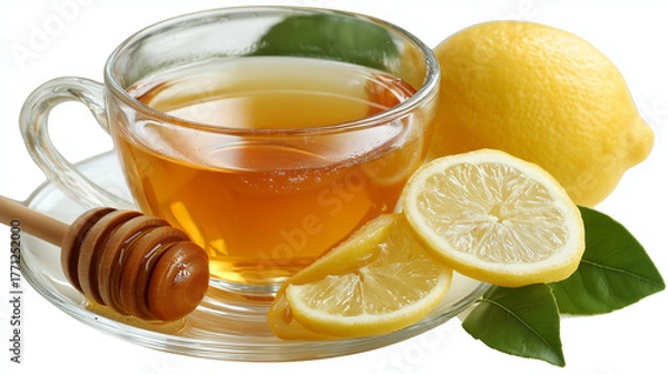 Obraz A cup of tea with lemon slices and honey dipper on a saucer with a whole lemon and green leaves