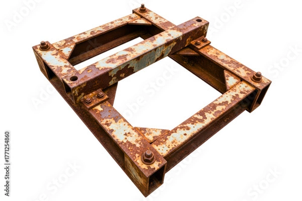 Obraz Old rusted square industrial metal frame with peeling paint isolated on transparent background