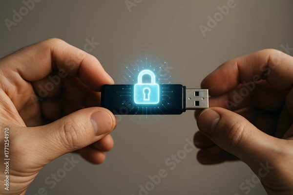 Obraz Hand holding usb flash drive with glowing lock icon.  Cyber protection concept