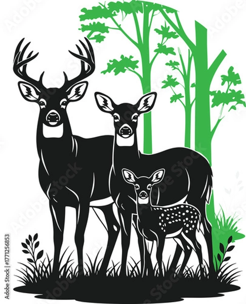 Fototapeta Elegant deer family silhouette with a buck, doe, and fawn in a forest setting. Perfect for nature lovers and wildlife enthusiasts.