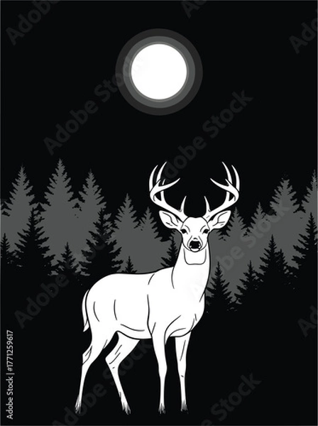 Fototapeta Majestic white deer stands under a full moon in a dark forest. A striking minimalist design for nature lovers and wildlife art enthusiasts.