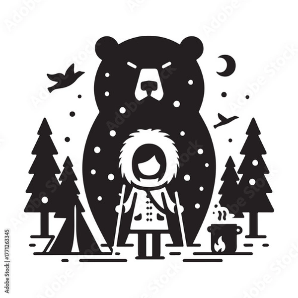 Obraz Camping Adventure with Bear and Nature Elements.