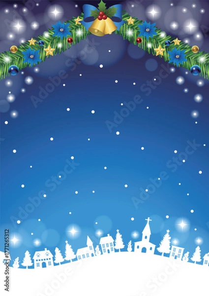 Fototapeta クリスマス背景、町並みシルエット、青、かわいい、イラスト、縦