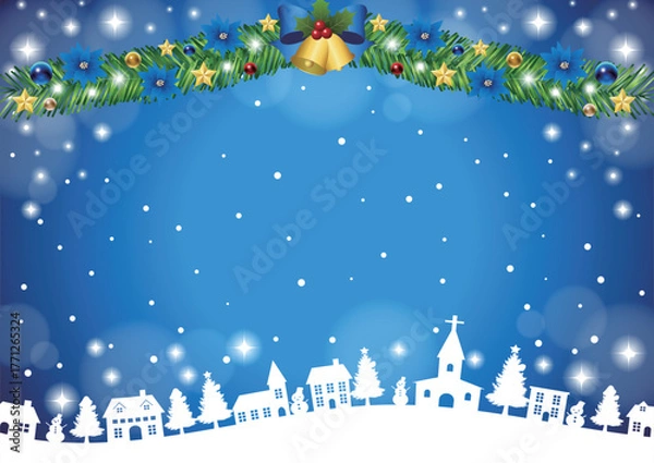 Fototapeta クリスマス背景、町並みシルエット、青、かわいい、イラスト、横