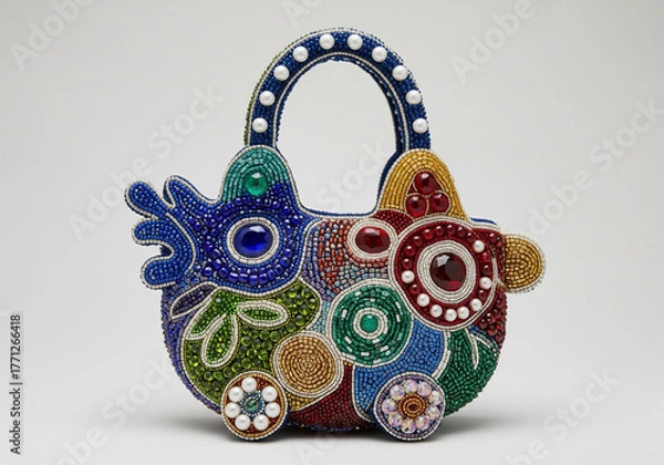 Fototapeta Vibrant Beaded Artisan Handbag with Abstract and Whimsical Animal Design