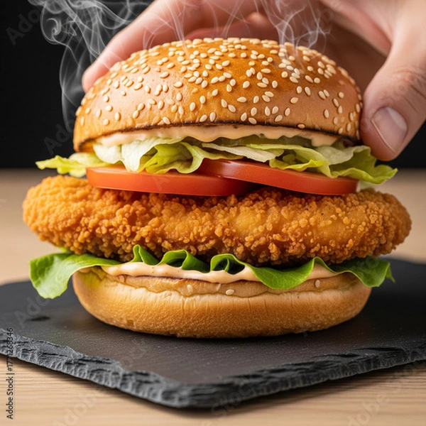 Fototapeta Hand Holding Steaming Hot Crispy Fried Chicken Burger with Fresh Vegetables on Slate