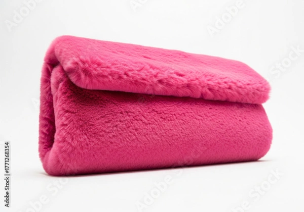 Fototapeta Soft Fuchsia Pink Faux Fur Blanket Folded on White Background