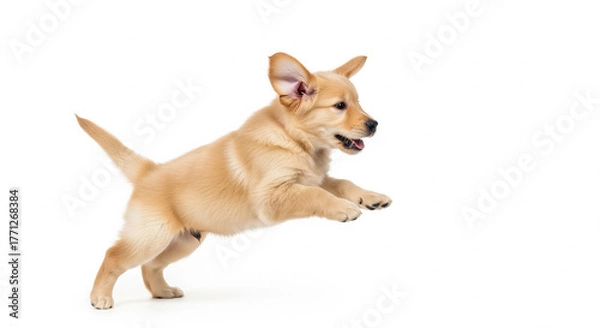 Fototapeta Happy Jumping Golden Labrador Retriever Mix Puppy Isolated on White Background