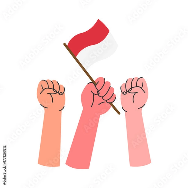 Obraz Vector illustration of three raised fists holding the Indonesian flag, symbolizing unity, patriotism, and national pride