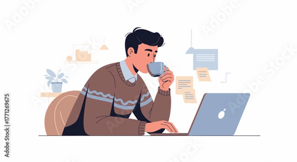 Fototapeta Man Drinks Coffee While Working at Home or At The Office on a Laptop Computer