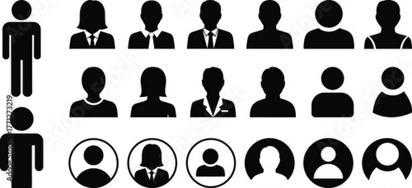 Fototapeta Collection of Black Silhouette Human Icons and Avatars
