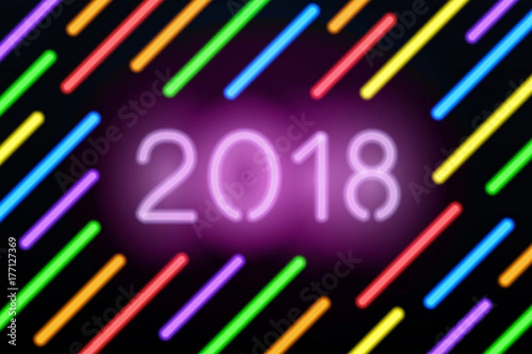 Obraz Neon 2018 greeting card. Illustration with glowing numbers and color neon lines