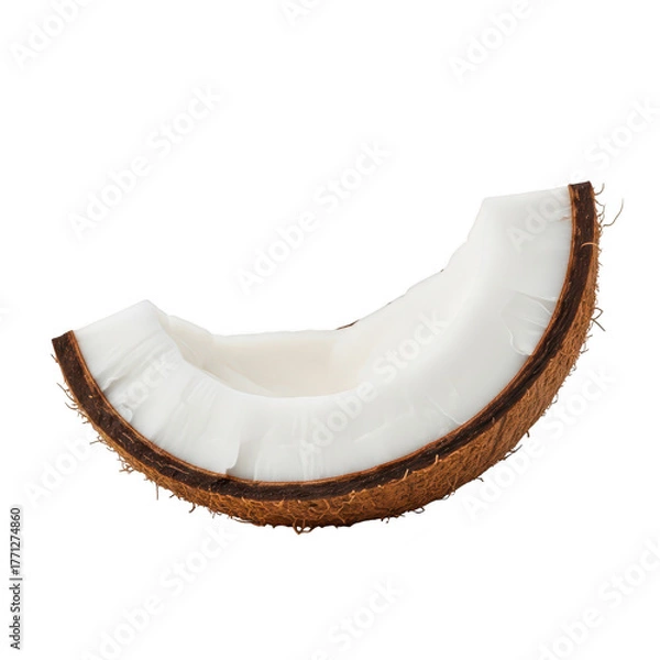 Fototapeta A segment of fresh coconut with white flesh and brown husk, isolated on white isolated on transparent background