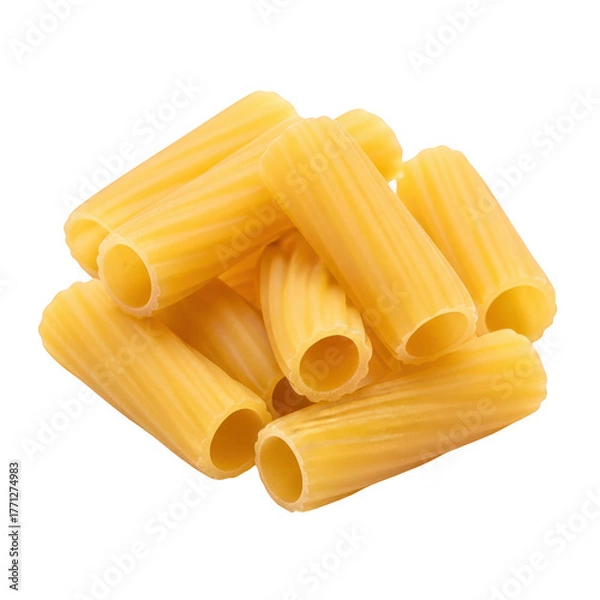 Obraz A pile of uncooked rigatoni pasta tubes, showcasing their ridged texture and hollow centers, isolated on a transparent background