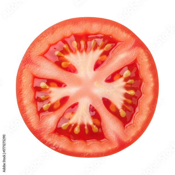 Obraz A vibrant crosssection of a ripe red tomato, showcasing its juicy interior and seeds, isolated on a transparent background