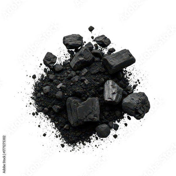 Obraz A pile of black charcoal lumps and powder, isolated on a transparent background