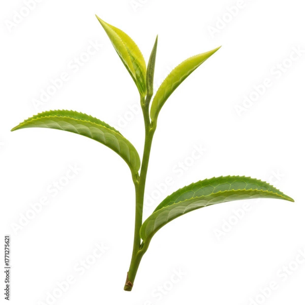 Fototapeta A young tea plant stem with fresh green leaves and a new bud, isolated on a transparent background