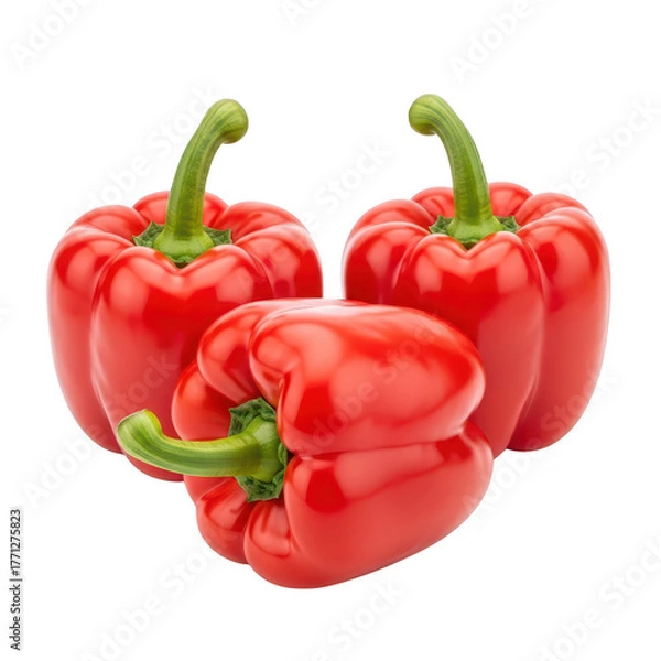 Fototapeta Three vibrant red bell peppers with green stems, isolated on a clean transparent background