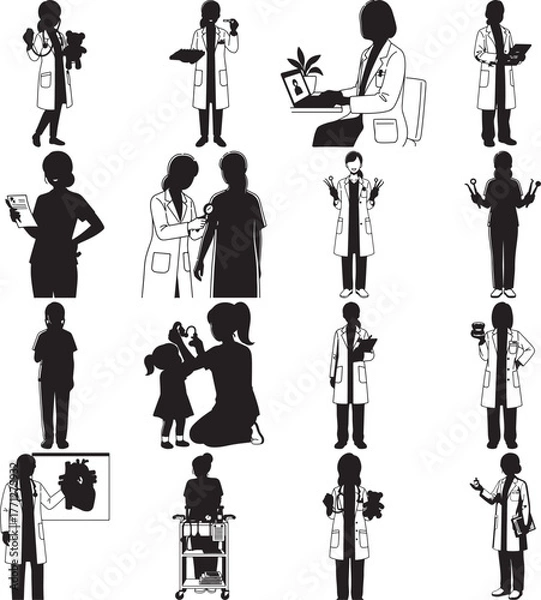 Obraz Silhouette illustrations of diverse doctors and medical professionals in various healthcare settings and patient interactions vector graphics