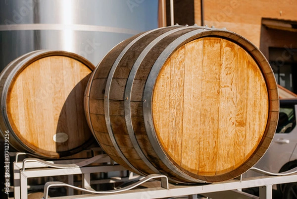 Fototapeta Barrel oak wine barrels outside winery production area in sunlight, close-up of wood barrels for aging wine in modern winery facility