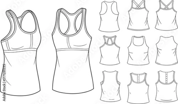 Fototapeta Women fashion flat sketch, racerback tank top, sleeveless tops back design variations, crisscross strap, button back, garment CAD drawing, apparel design vector illustration