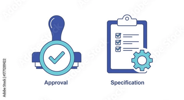 Fototapeta Vector illustration of approval stamp with a checkmark and a specification clipboard with a gear, , representing quality control and documentation