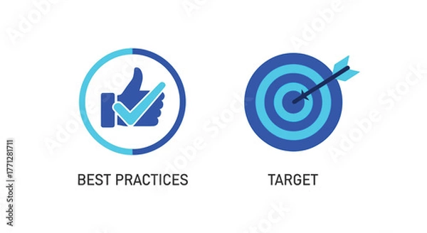 Obraz Vector illustration of best practices and target icons for business and success, thumbs up and bullseye symbols representing achievement and goals