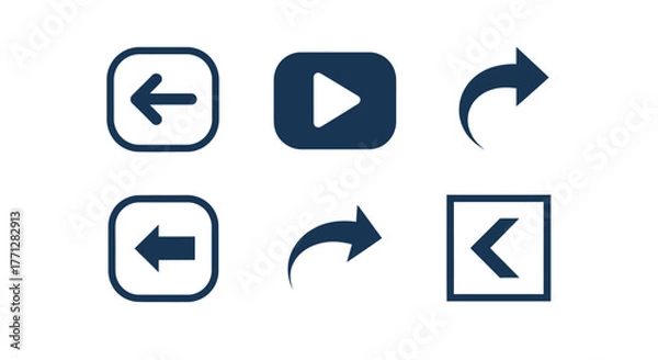 Fototapeta Vector illustration of set of dark blue rewind, play, and forward icons perfect for user interface design, app development, and multimedia projects