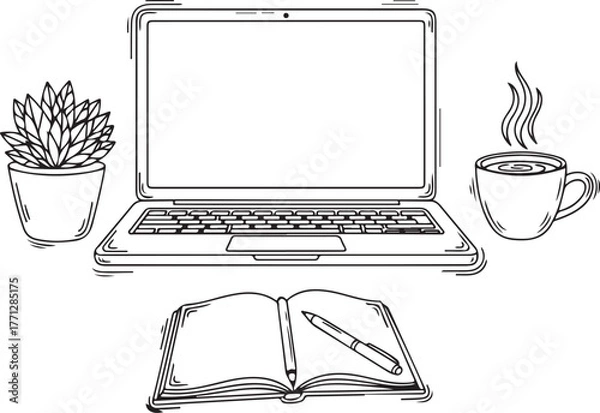 Fototapeta Creative workspace setup featuring open laptop plant coffee cup and notebook with pen drawing style vector